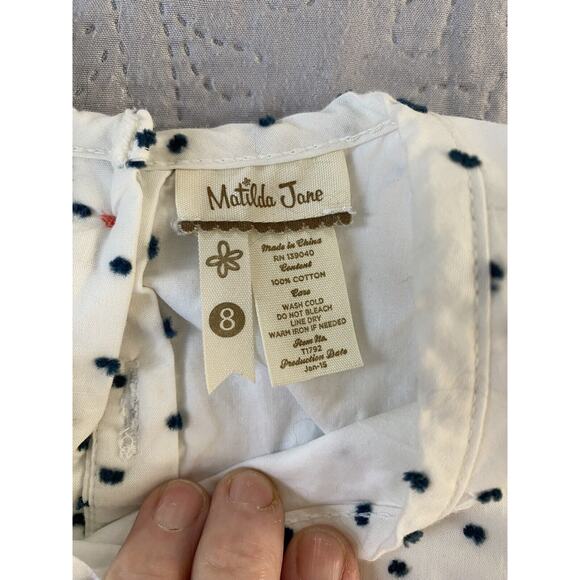 Matilda Jane Small Sz 8 Raised Dot Wht Ruffle Ctn Lined Embellished Aqua Buttons - Picture 5 of 9